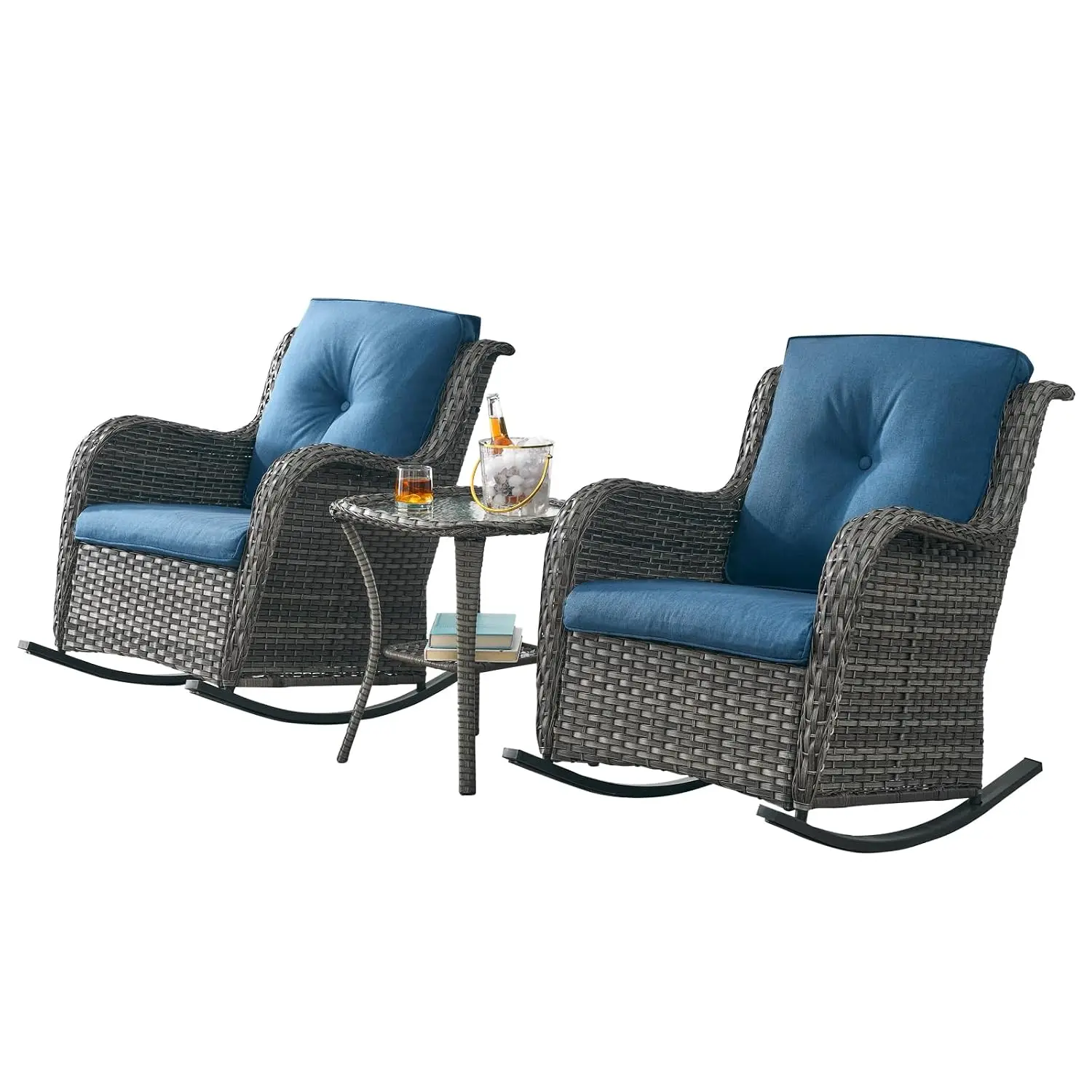 Wicker Rocking Bistro Set 3-Piece Rattan Patio Furniture Rocker Chair & Side Table for Porch Deck Garden, Customized