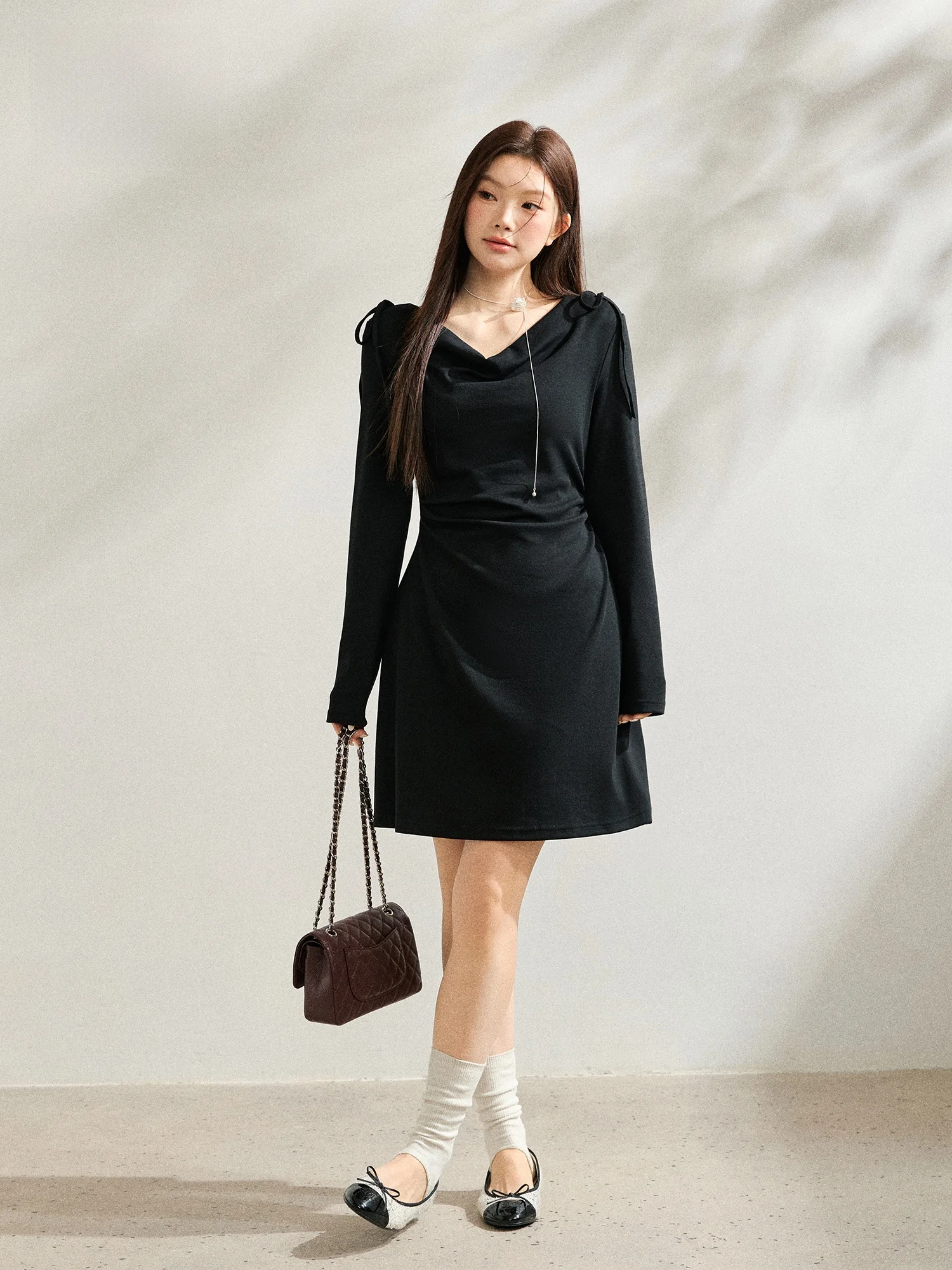 

plus Size Women's Dr with Double oulder Bowknot Slimming ter Ne Waist Cinched Little Bla Dr Commute Sle