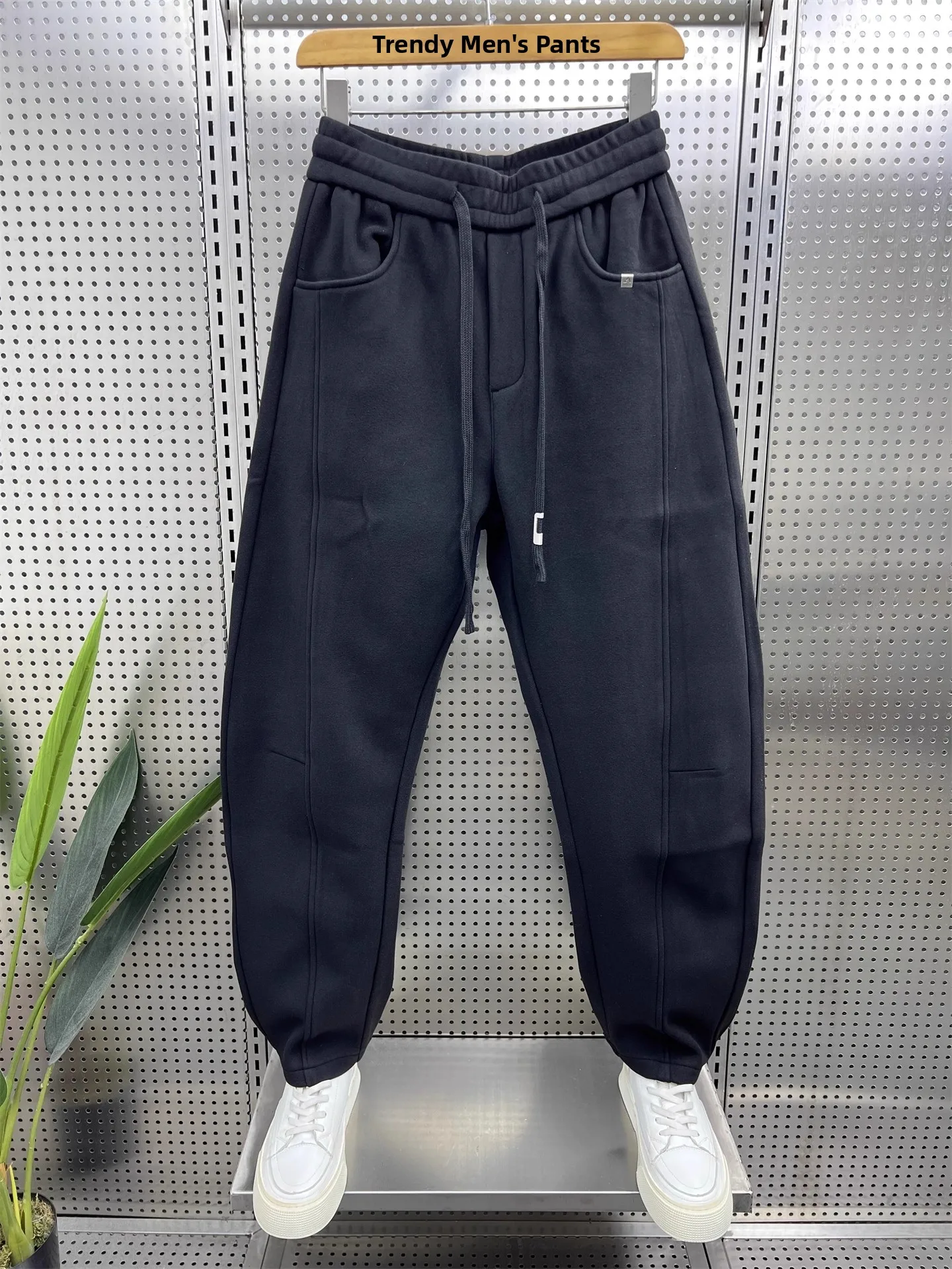 

Autumn Winter New plus Size Men's Fleece Lined Casual Pants Pure Color Trendy Straight Leg Sporty Sweatpants Loose Fit