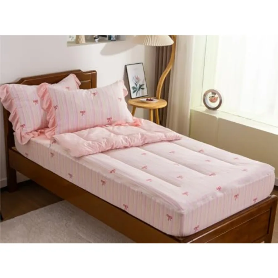

Bow Printed Zipper Bedding Sets Twin for Girls Lightweight Microfiber Stripe Comforter Set with Fitted Sheet Pillow Covers