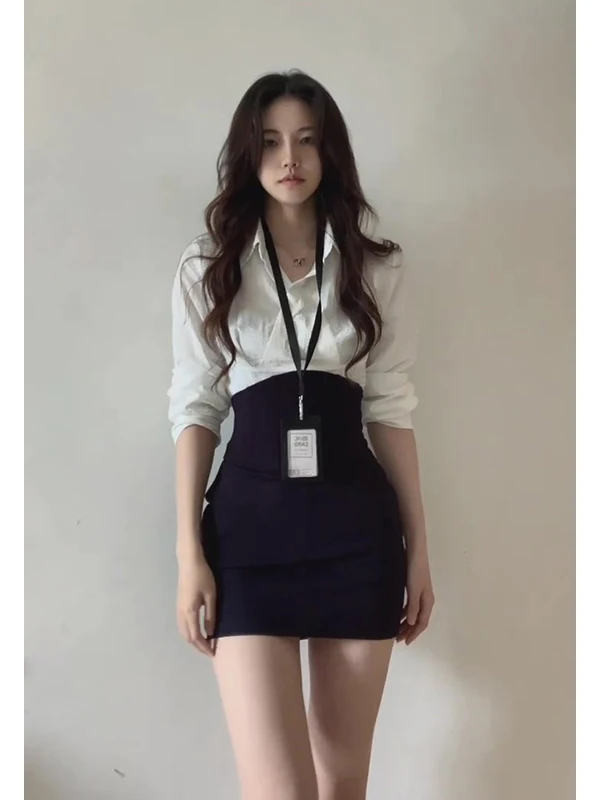 طقم قميص أبيض وتنورة عالية الخصر للنساء، ملابس مكتبية صيفية بأسلوب كلاسيكي، طقم ضيق أنيق