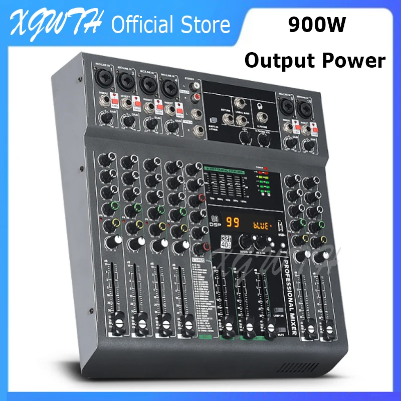 8 Channel Digital Amplifier Mixer Audio Mixing Console 99 DSP Reverb Effects Bluetooth DJ Reverberation Console 900W High Power