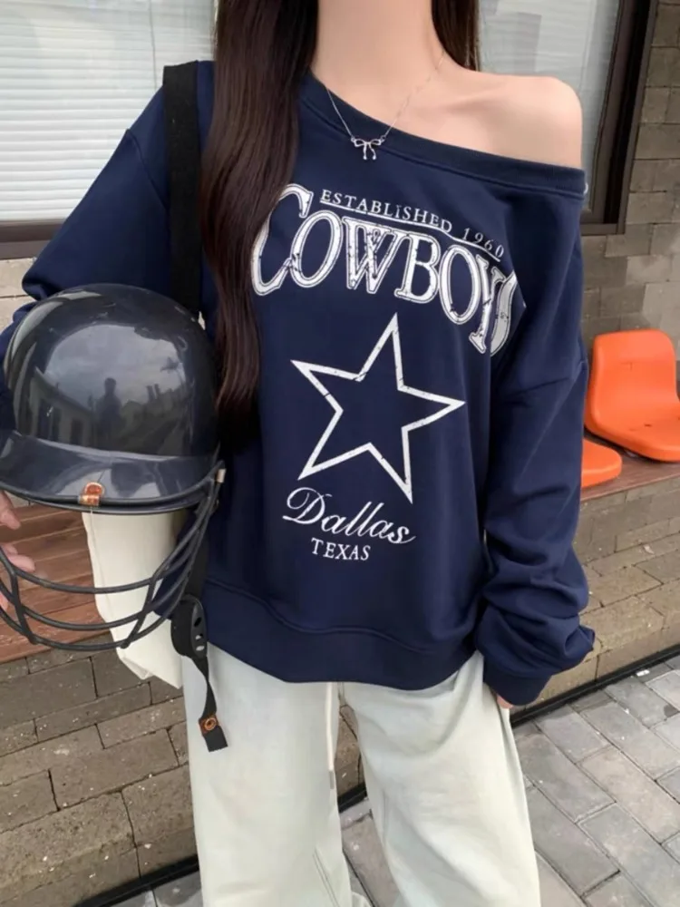 HOUZHOU Korean Style Graphic Sweatshirts Women Off Shoulder Oversized Vintage Y2k Letter Printed Pullovers Casual Streetwear