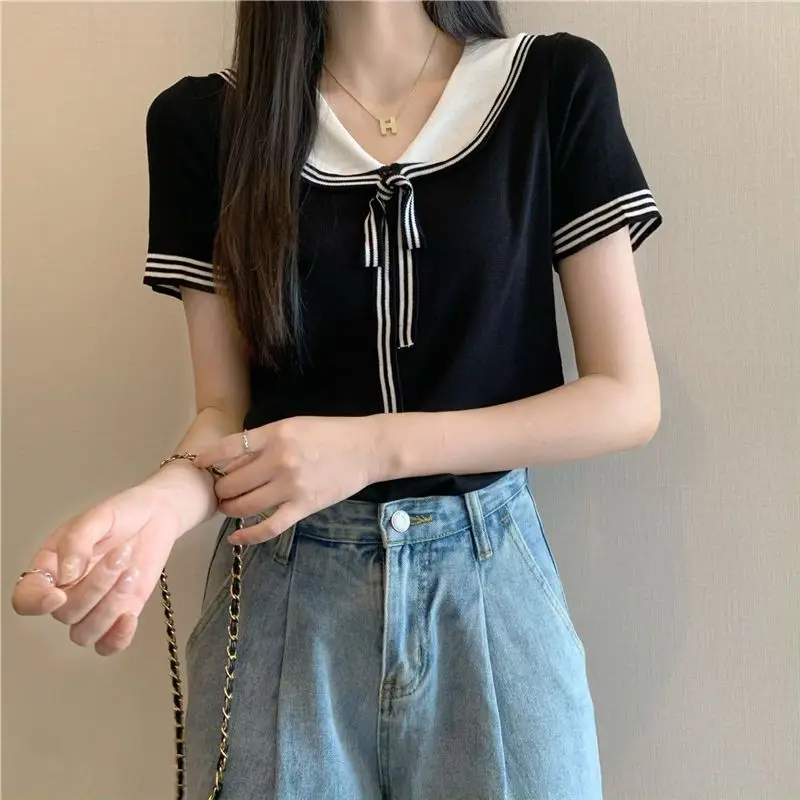 Women Clothing Preppy Style Office Lady Short Sleeve Tops Summer Casual Solid Color Pullovers 2024 New All-match V-neck T-Shirts