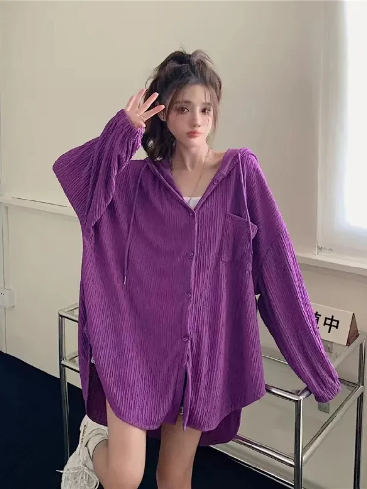 ADAgirl Sun-proof Oversize Shirt Women Summer Solid Casual Coats Korea Streetwear Style Mujer Blouse Fashion Loose Girls Tops