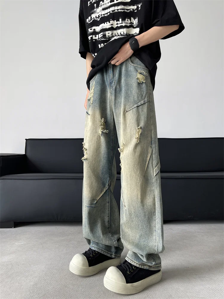 

Ripped Vintage Waed Straight Leg Men's Jeans Loose Wide Leg Long Trousers Trendy Brand Casual Spring Youth Faion