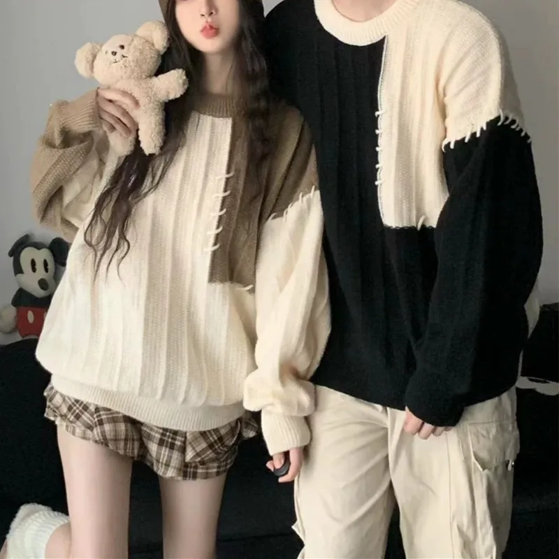 

Couple Outfit Autumn Winter 2025 New Round Neck Color Block Sweater Men Women Korean Style Loose French Knitwear Jacket Trendy B