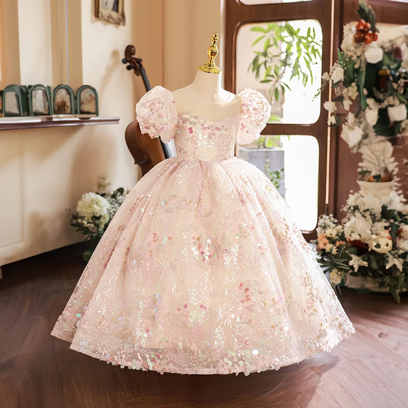 Flower Girl Champagne Pink Dresses for Wedding Bridesmaid Kids Formal Luxury Birthday Party Sequin Dress Long Evening Gown Child