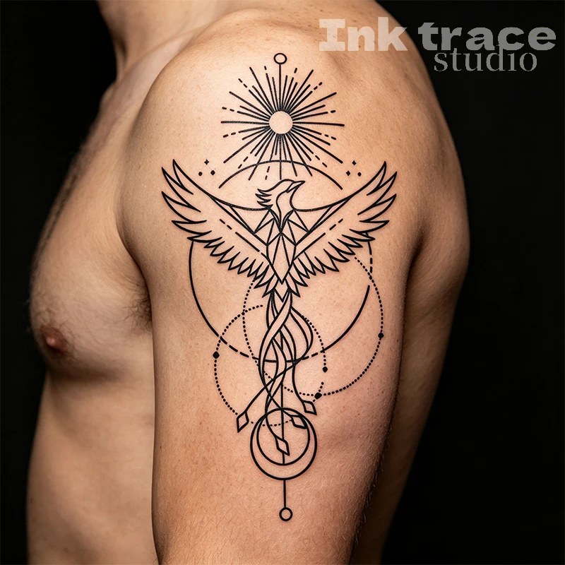 Black Phoenix Sun Temporary 1/2PCS Tattoo - Geometric Line Art Waterproof Tattoo Sticker for Arm Leg Body Use 10.5x18cm