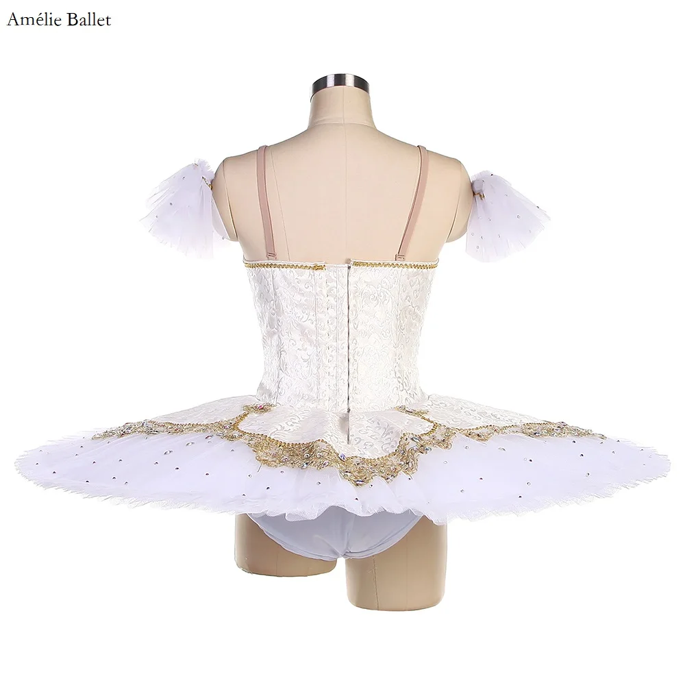 B23012 Girls&Women Professional Ballet Tutu Ivory Bodice with Gold Appliques Trims Pancake Tutu Performance or Competition Tutu