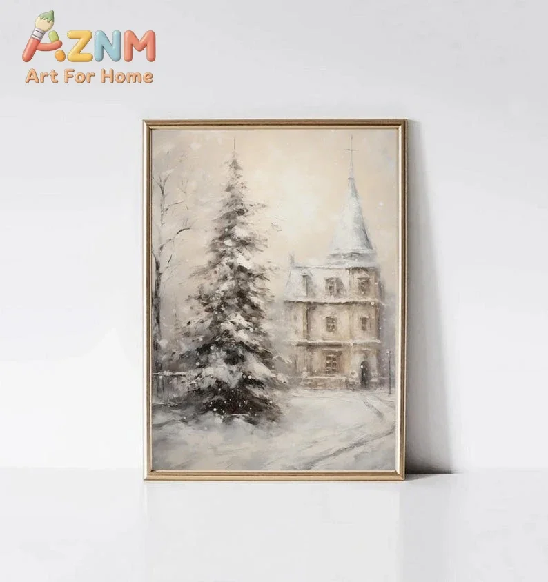 AZNM Soft Watercolor Winter Christmas Canvas Wall Art, Snowy Forest Reindeer Snowman Santa Red Cabin Print, Neutral Rustic Farmh