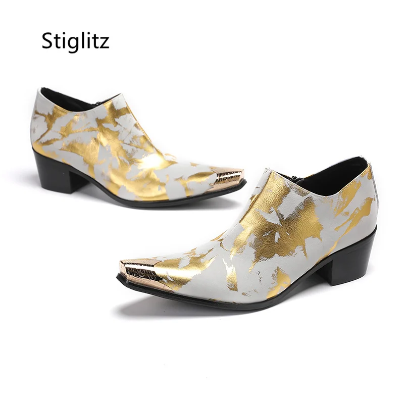 White Gold Mixed Colors Men\'s Shoes Metal Toe Side Zipper Genuine Leather Shoes for Men High Heels Print Casual Dress Shoes