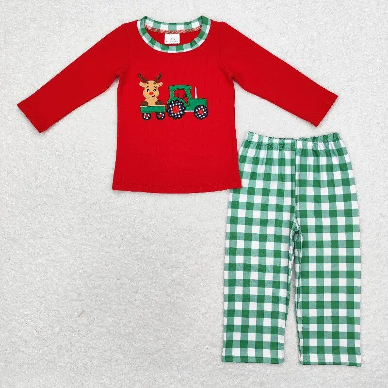 9.24y Baby Boys Christmas Tractor Deer Print Top And Pants Clothing Set Size