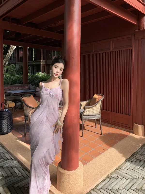 Temperamento francês super lindo vestido suspensor de malha roxa fada verão design sentido nicho férias à beira-mar saia longa