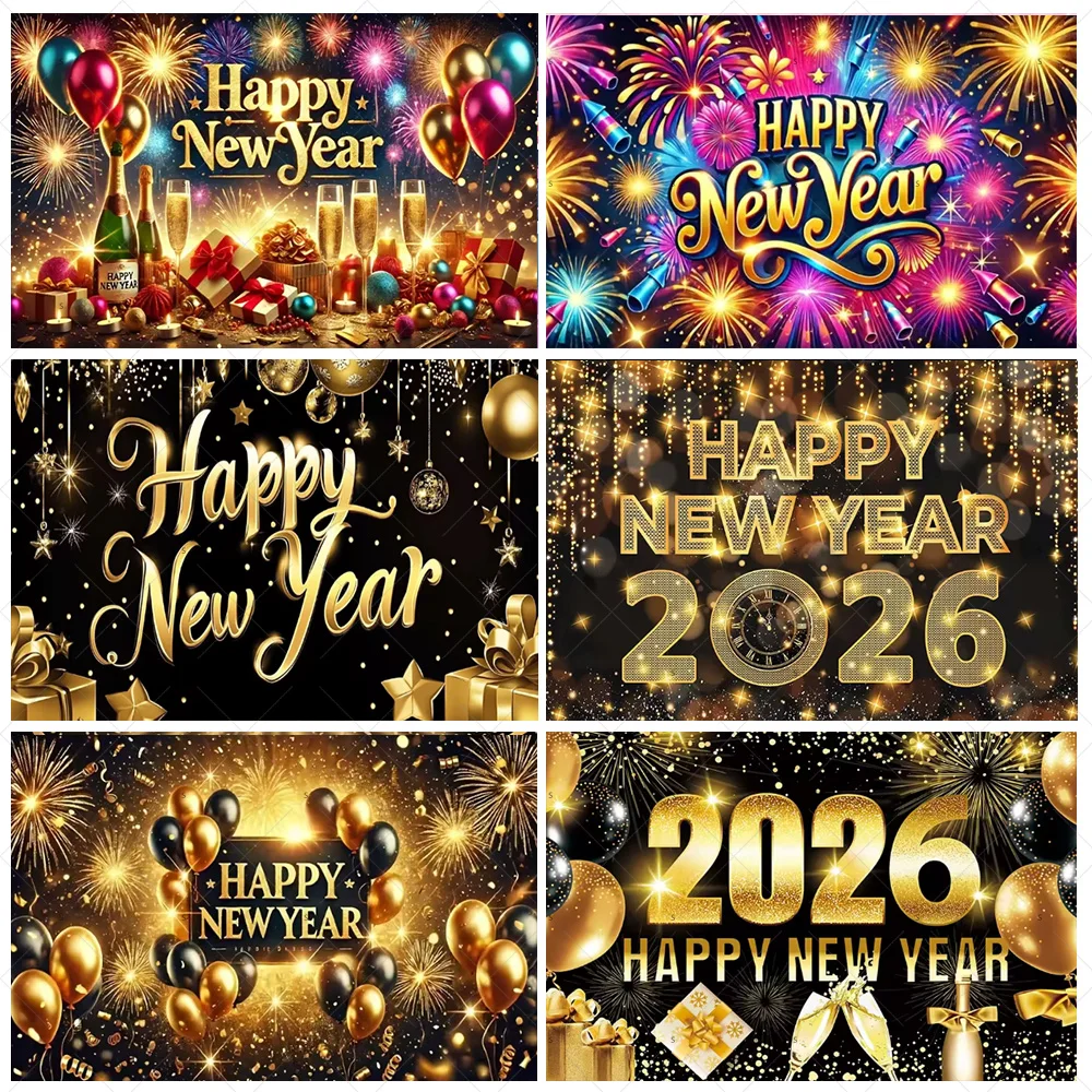 

Shiny 2026 Happy New Year Background Firework Clock Ballons Backdrop Supplies New Year Family Party Decoration Photo Shoot Props