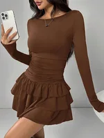 Autumn Winter Solid Color Slim Fit Cascading Ruffles Mini Dress Women Elegant Flare Sleeve High Waist Sexy Party Bodycon Dresses - Image 4