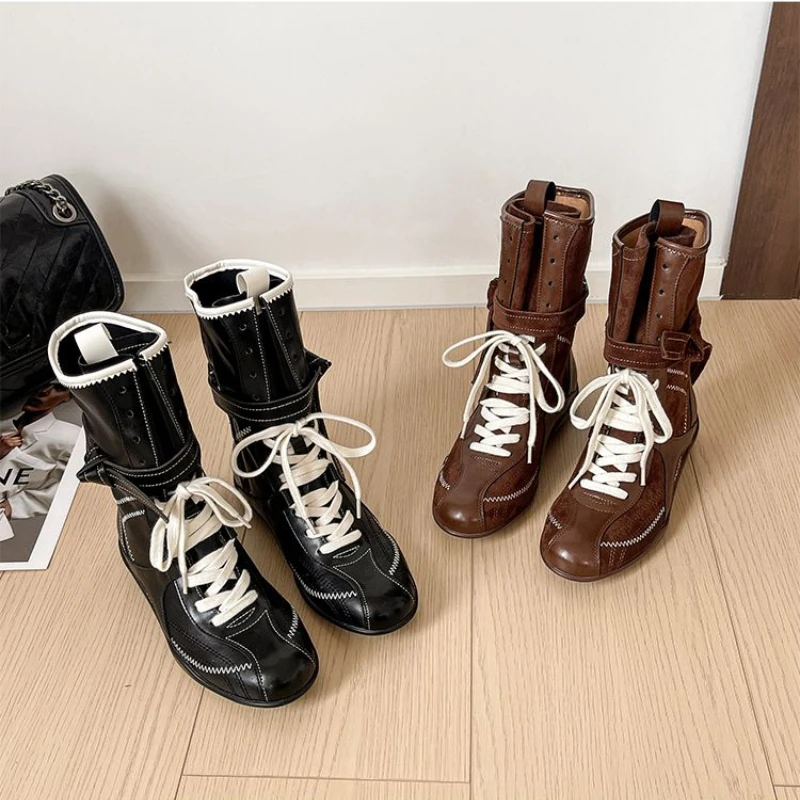 

Cowhide Vintage Booster Boots Women's Fall Winter Boxing Frosted Leather Lace-up Ankle Boots Zapatos De Mujer Hot Selling