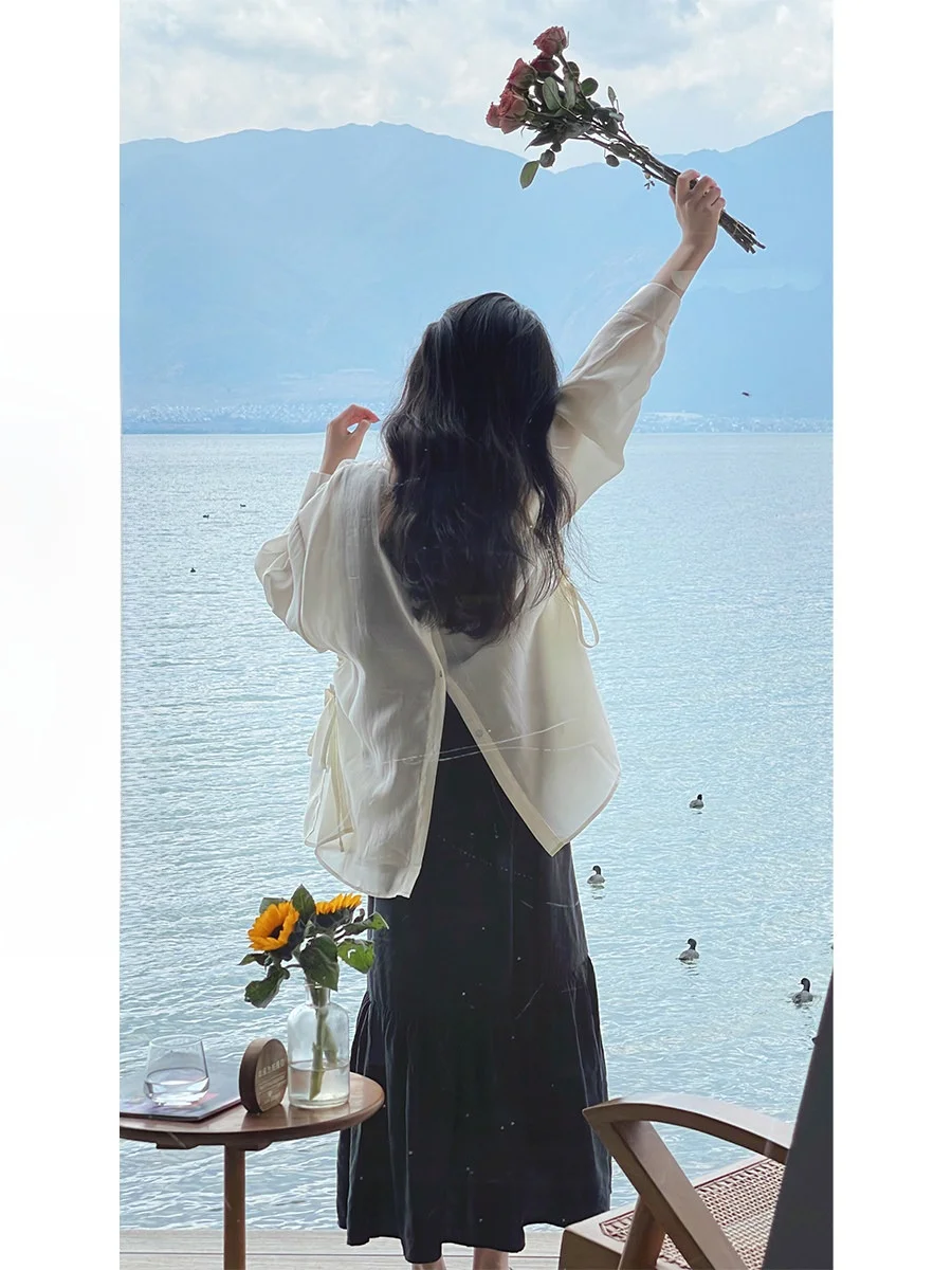 

Женская свободная шелковая рубашка Rame с защитой от солнца, с боковыми завязками и разрезом, повседневная, с длинными рукавами, с воротником