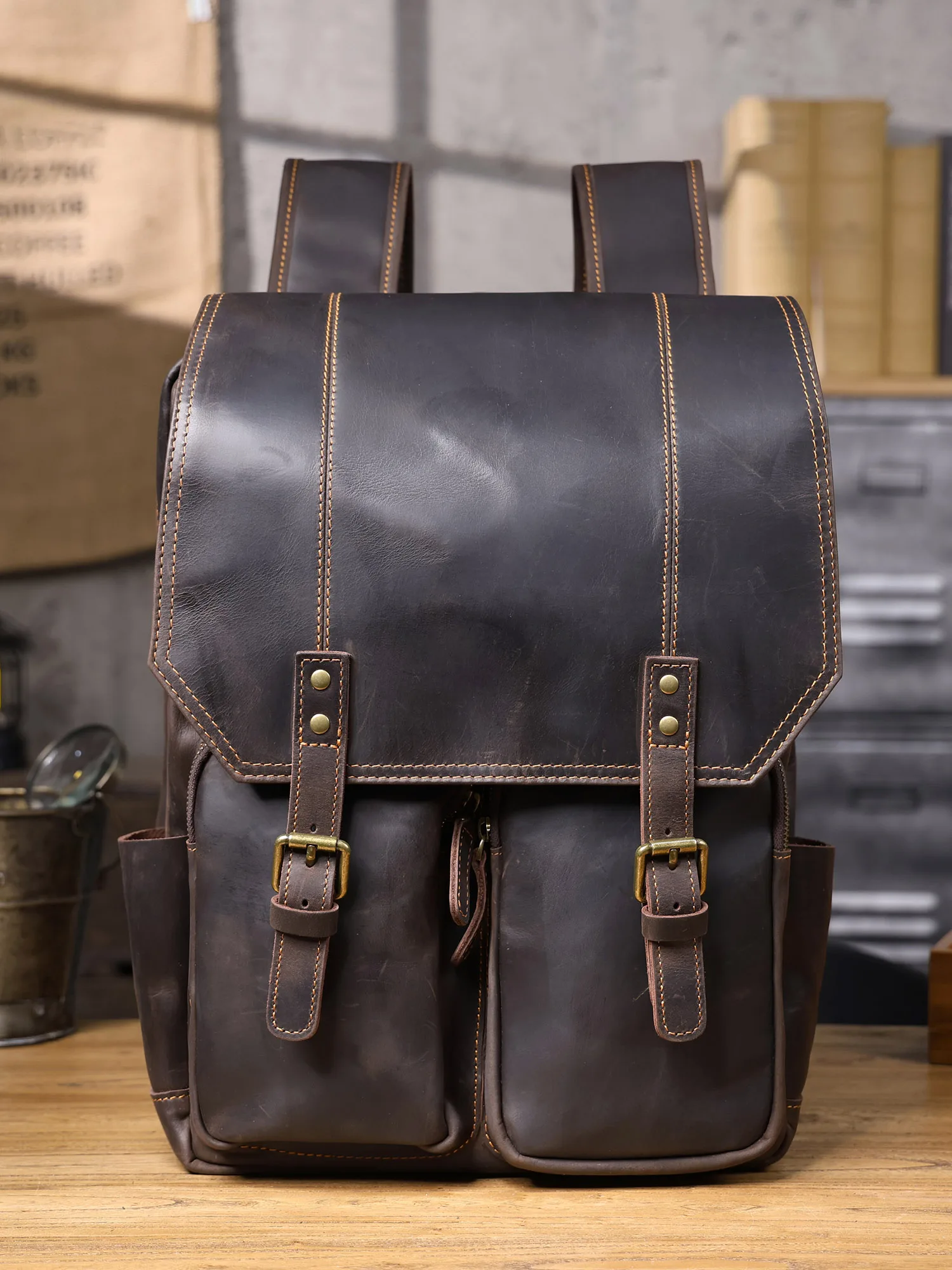 S.WORKER Vintage Echtleder-Rucksack Laptop-Tasche Lässige Crazy-Horse-Leder Schultasche Outdoor-Reise-Weekender-Tasche – Detail 17