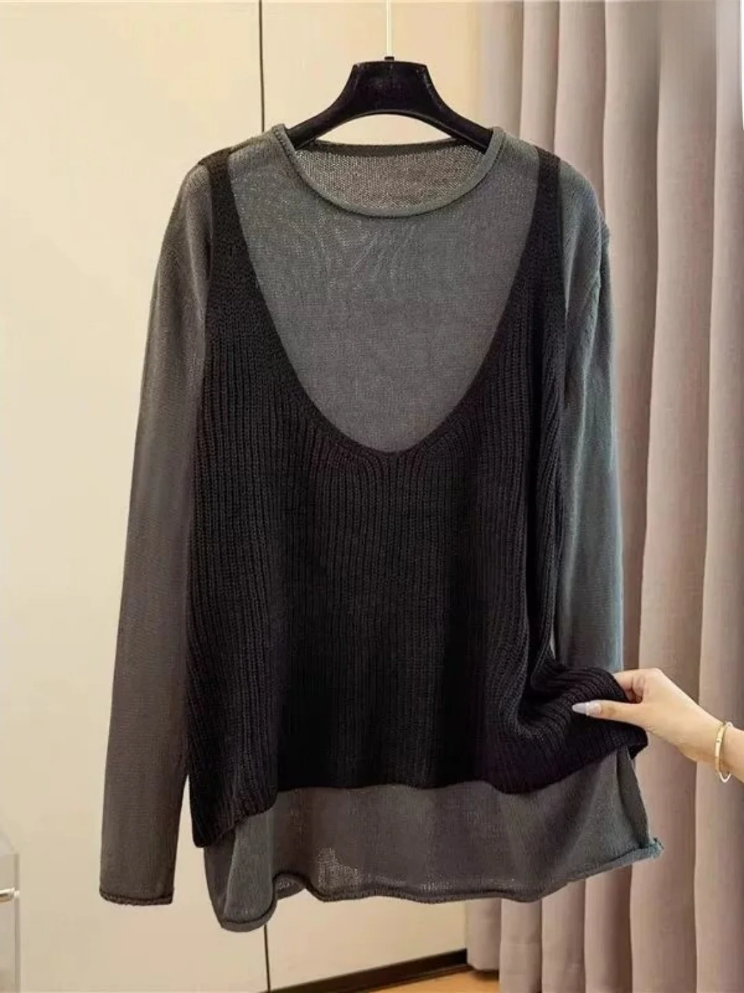 

Вязаный свитер больших размеров с цветными блоками и длинными рукавами, модный, корейский стиль, для полных женщин, с крупным узором в горошек, повседневная одежда