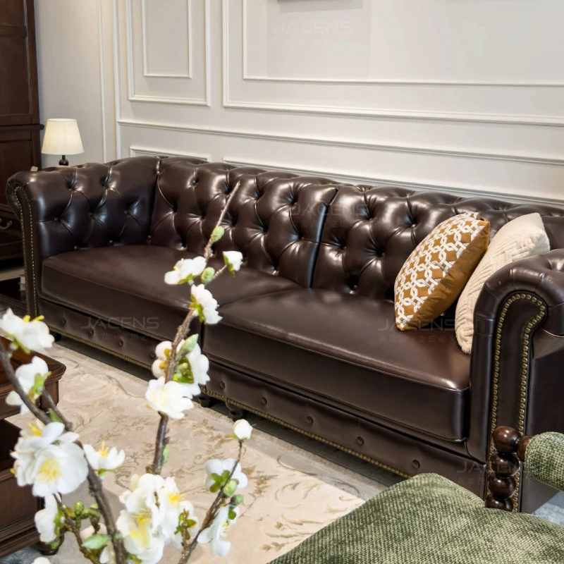American Retro Living Room Leather Sofa Couch French Retro Sofa Vintage ...