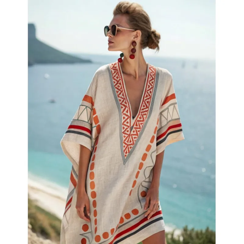 فستان صيفي فضفاض بأكمام تشبه جناح الخفّاش فستان بوهو غير رسمي بتصميم عتيق على طراز الشاطئ العرقي أنيق مخطط مطبوع برقبة على شكل V فستان مناسبات