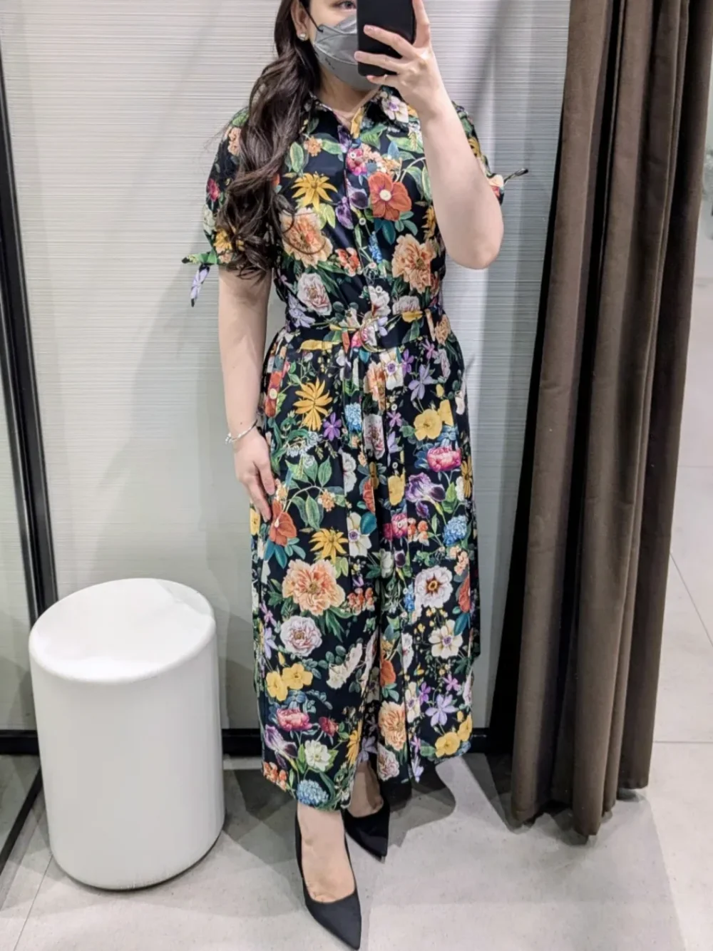Women's Casual Poplin Short Sleeve A-Line Midi Dress Elegant Floral Print Lapel with Belt Spring Resort Dress