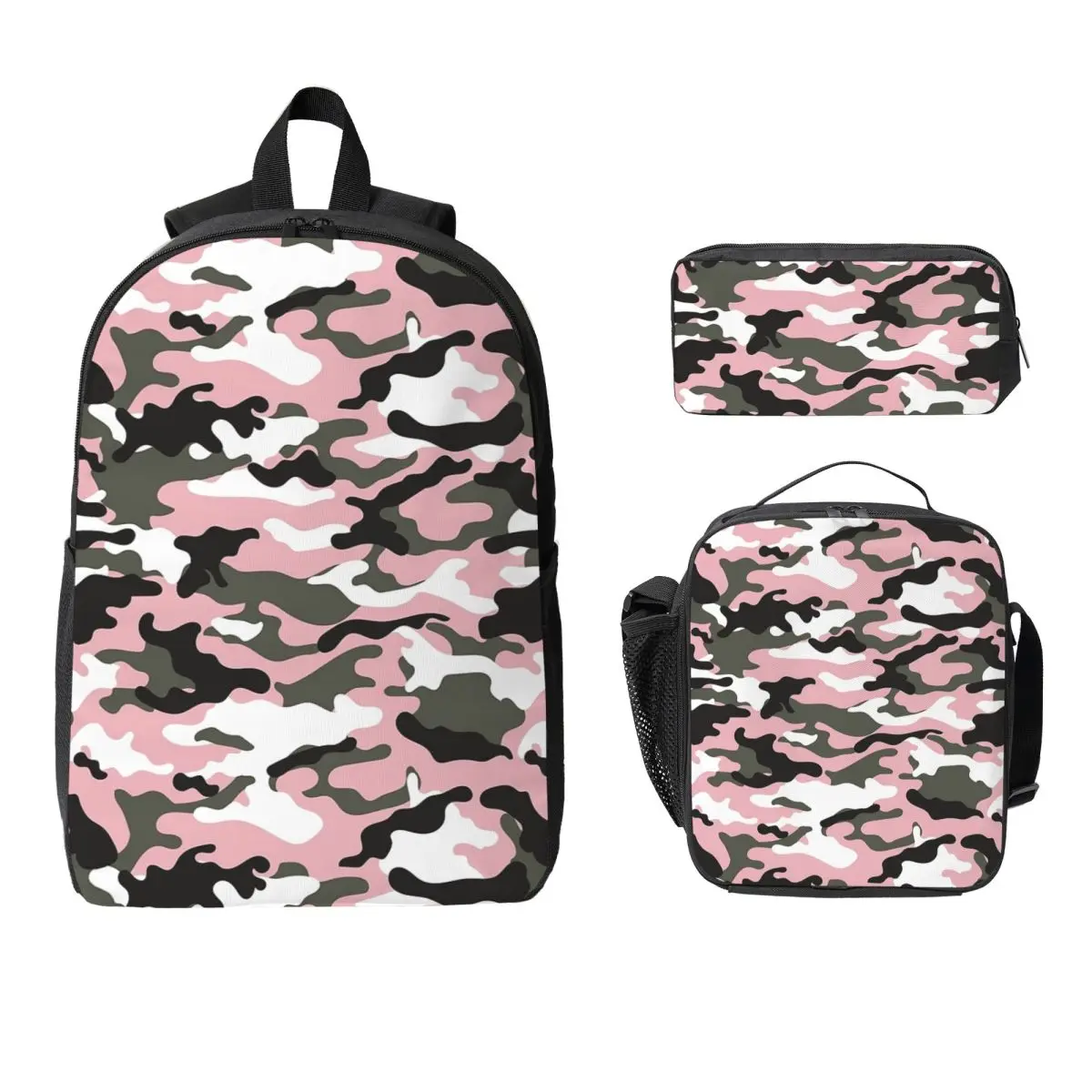 Pink Military Camo Pattern Girls Texture Squad Background Backpack BookBag School Bag 3ps Insulated Lunch Bag Pencil Case