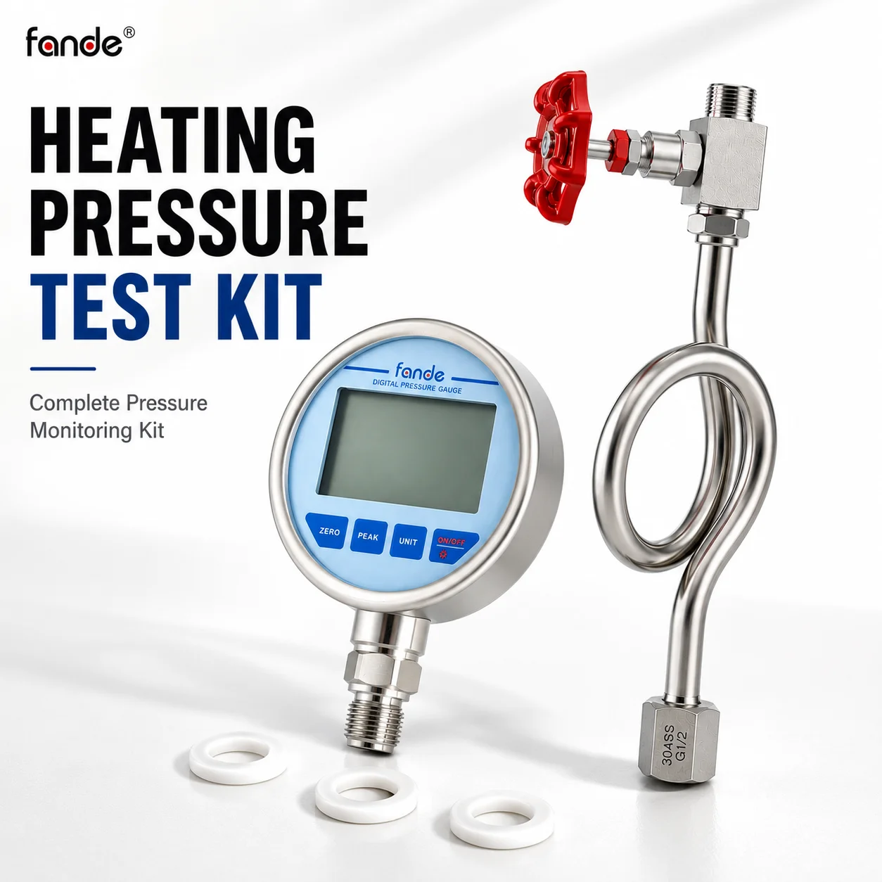 High Temperature Pressure Kit G1/2 BSP Digital Pressure Monitoring System with Needle Valve Pigtail Syphon for Steam Boiler HVAC