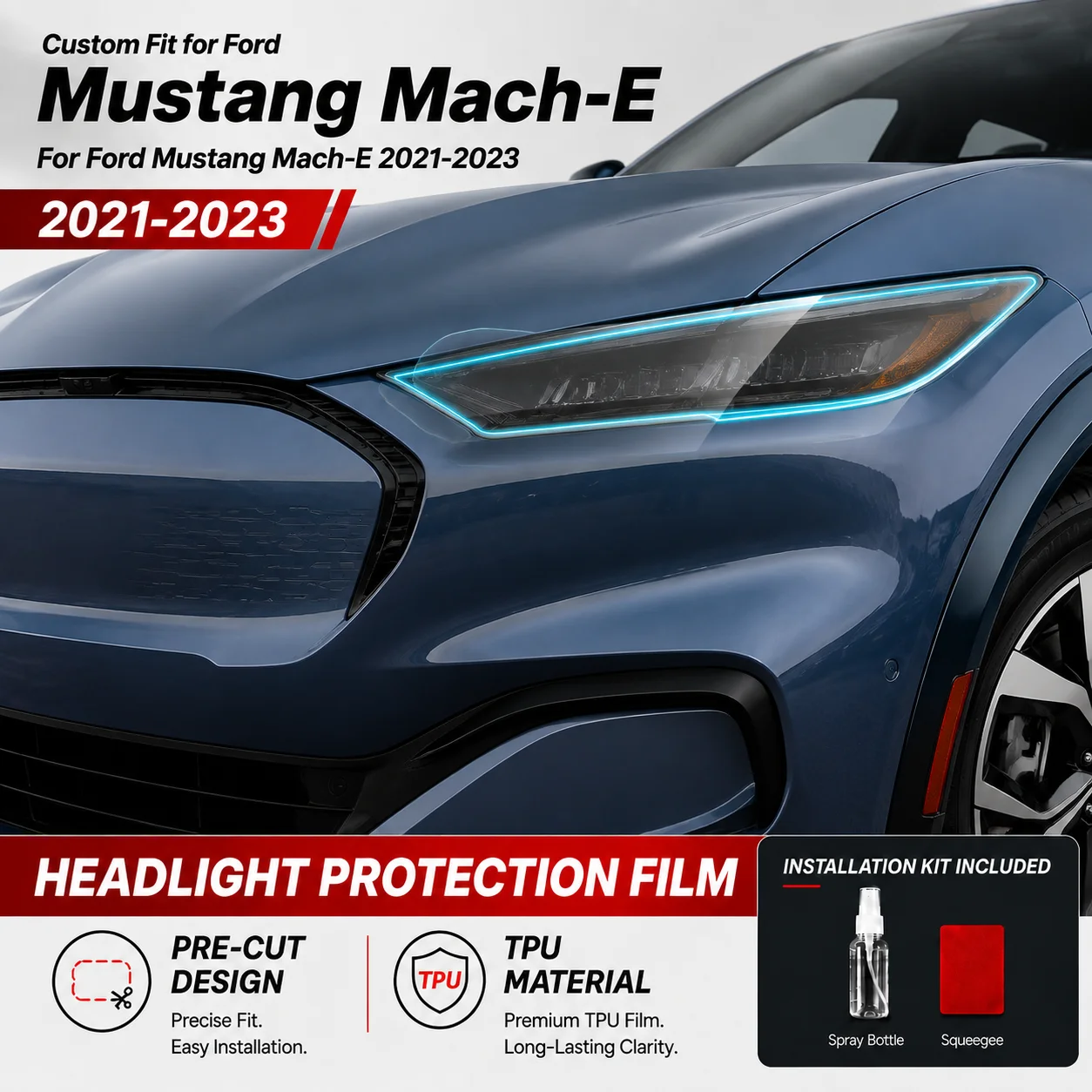 For Ford Mustang Mach-E 2021-2023  Headlight Protective Film Pre-Cut Smoke Black TPU PPF Vinyl Wrap Protective Kit