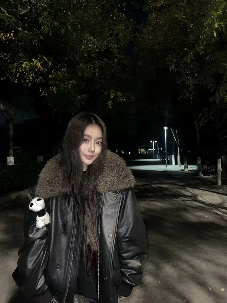 سترات نسائية كلاسيكية من جلد البولي يوريثان Y2K ملابس خروج أمريكية فضفاضة بياقة قطيفة معاطف Bf Harajuku ملابس خارجية دافئة جديدة