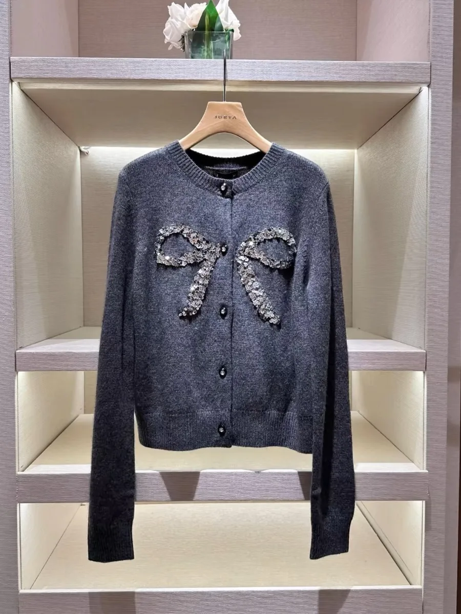 Sequins Bow Knit Sweater Cardigan Women Elegant Vintage Fashion Chic Knitwear Tops Winter Long Sleeve O-neck Ladies Jumpers 2024