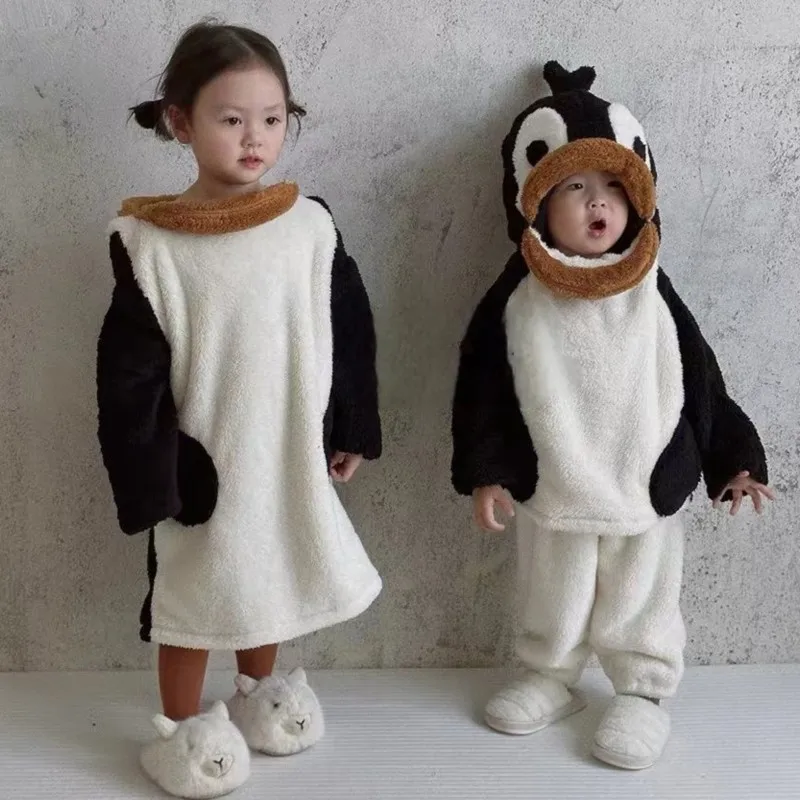 Baby Boy Girl Cartoon Penguin Pajamas Set Warm Infant Toddler Child Winter Hooded Sleepwear Kids Home Suit Baby Clothes 18M-10Y