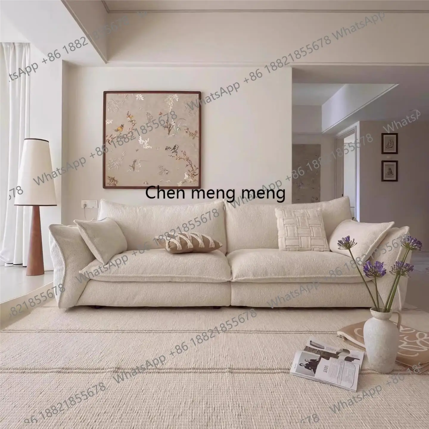 

French cream style fabric sofa living room straight row waterproof cloud velvet designer sofa