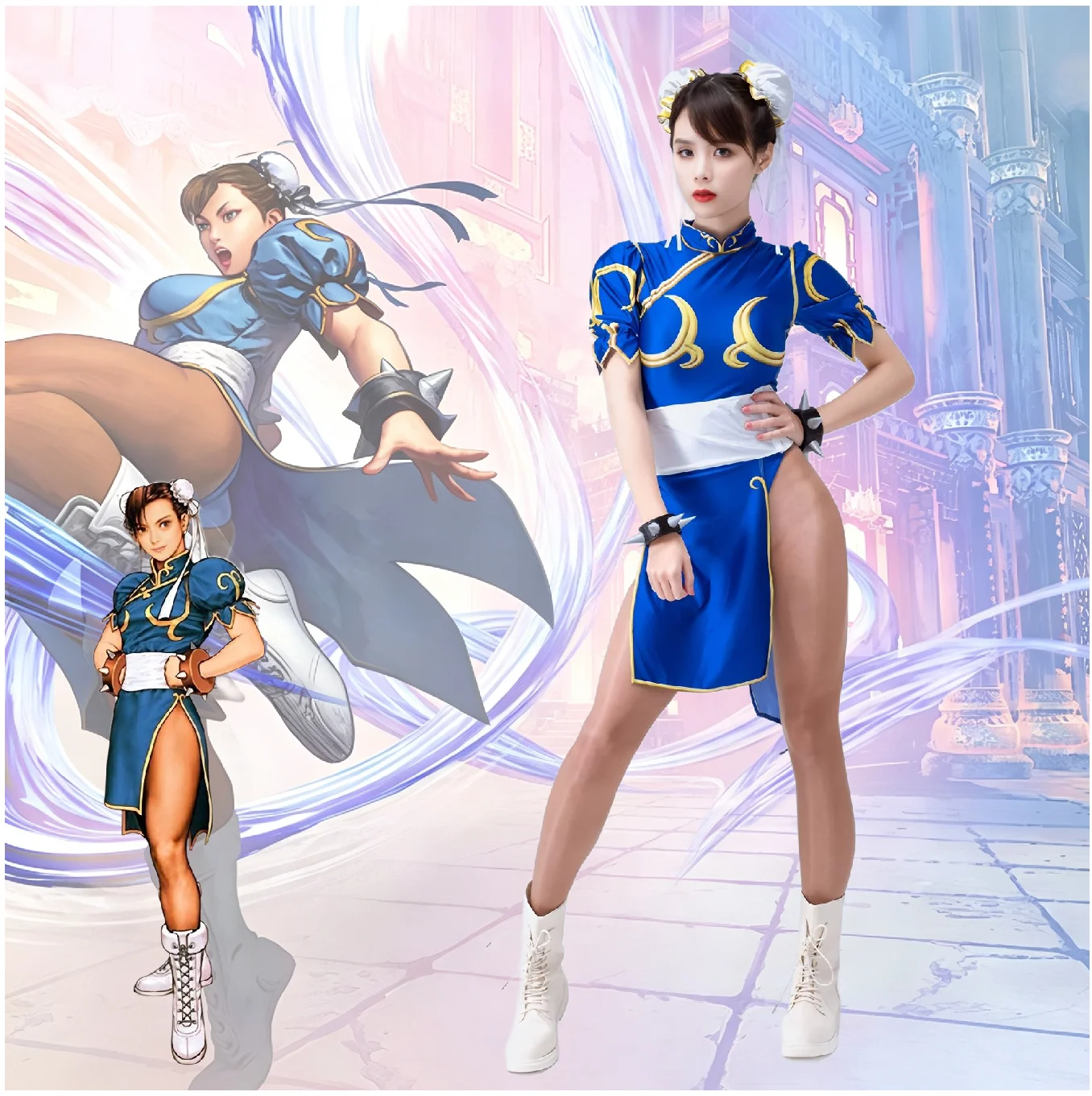 Disfraz de Chunli de Street Fighter para mujer, estilo clásico, en azul y rosa, con cinturón y tocado, ideal para Halloween, carnavales y fiestas.