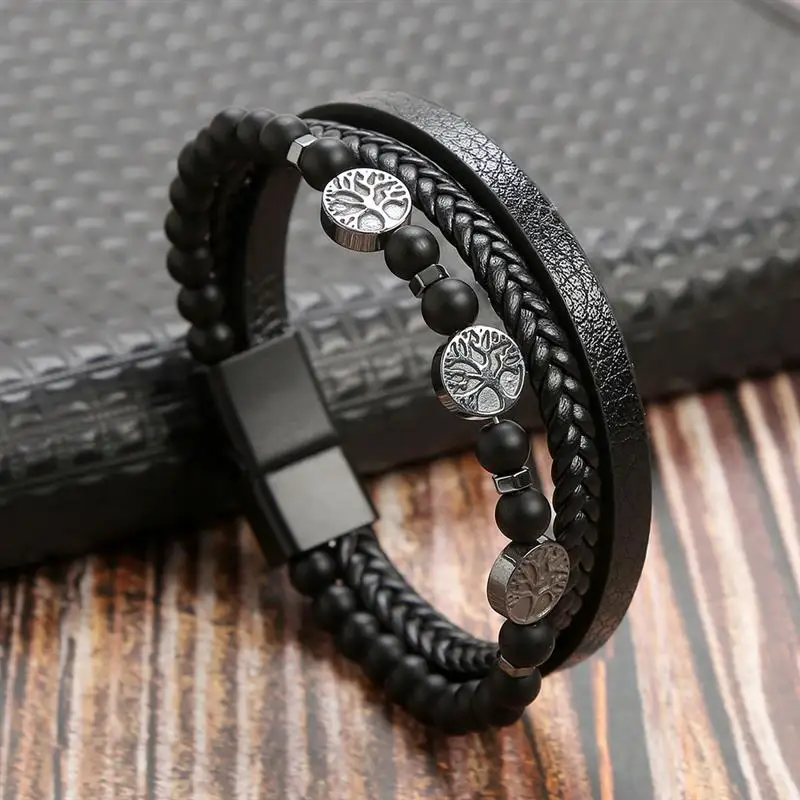 19/21/23Cm Handgeweven Lederen Armband Van Hoge Kwaliteit Meerlagige Tijgeroog Kralen Leren Mannen Armband Punk Armband Voor Mannen Sieraden