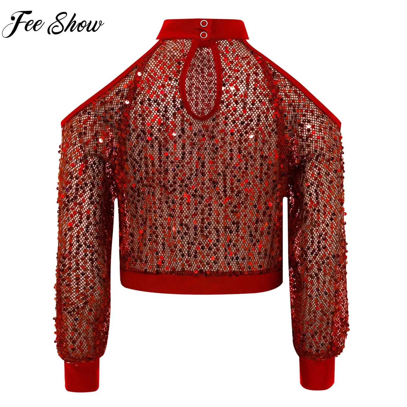 

Girls Hip-hop Jazz Dance Stage Show Costume Cold Shoulder Hollow Out Mesh Blouse Long Sleeve Shiny Sequins See-Through Crop Top