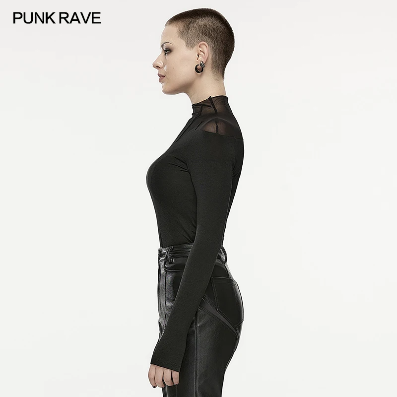 PUNK RAVE Women's Punk Heartbeat Mesh Long Sleeve T-shirt Daily Stand Collar Finger Hole Design Soft Dark Tops