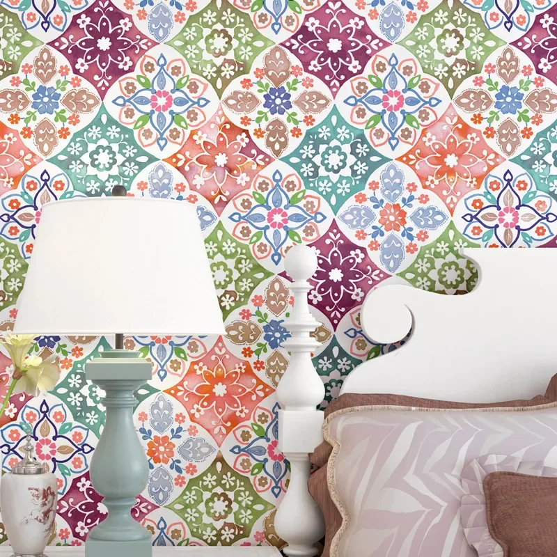 Imitation Tile Wallpaper Bohemian National Style Mediterranean Southeast Asian Style Living Room Bedroom TV Background Wallpaper