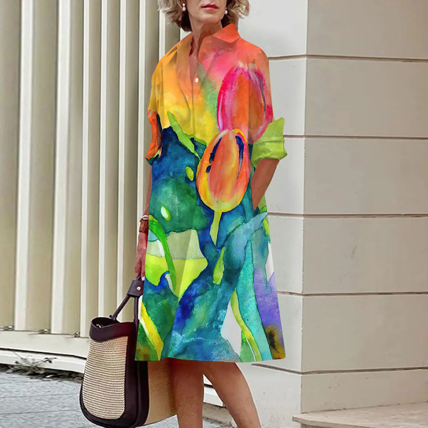 Summer New Women's Dresses Crushed Floral Long Sleeve Lapel Midi Luxury Women's Street Women's Shirt Pocket Temperament 2023