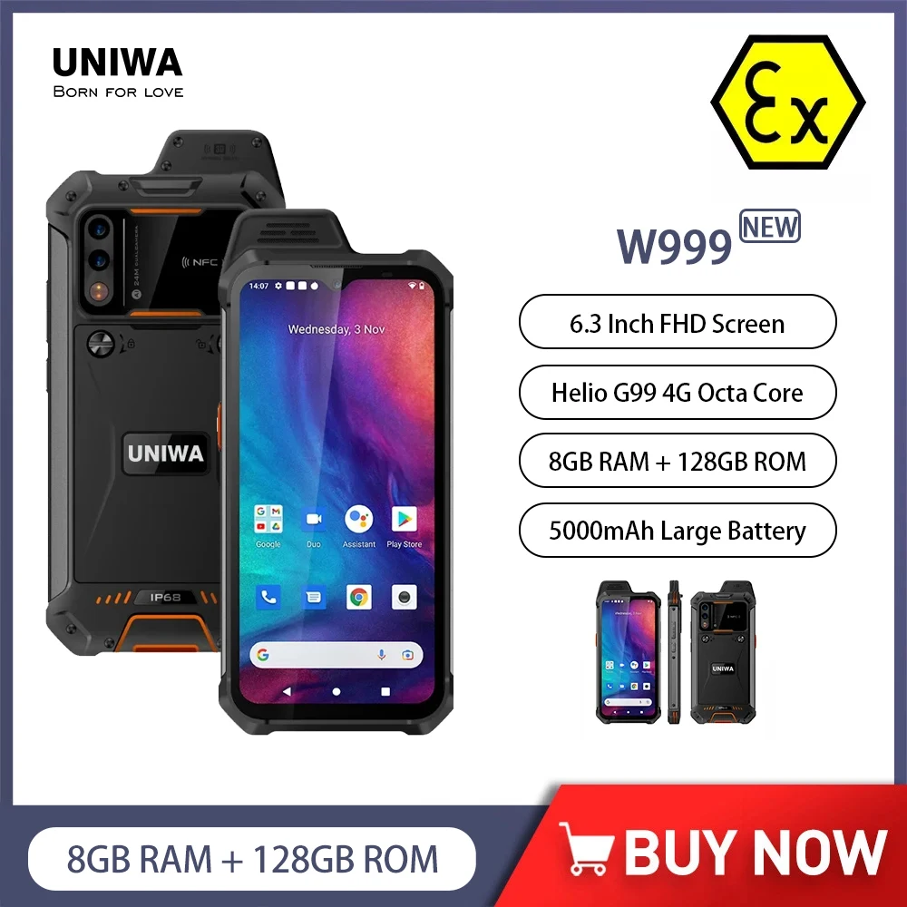 

UNIWA W999 Helio G99 8GB 128GB IP68 Waterproof Walkie Talkie 6.3 Inch FHD Octa Core 5000mAh Smartphone Andriod 11 ATEX Phone NFC