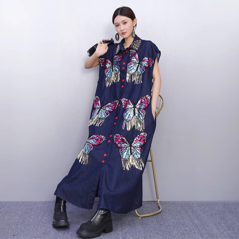 2025 Herfst Nieuwe Elegante Mode Vrouwen Denim Losse Shirts Lange Jurken Vrouwelijke Lange Mouw Jurk Groothandel J2022