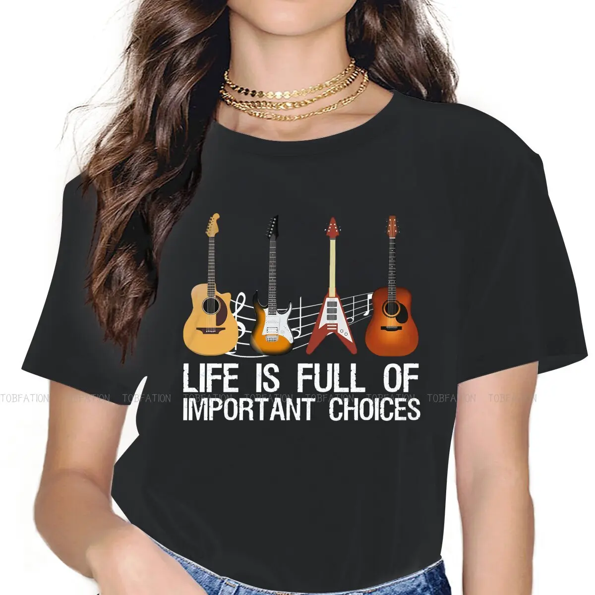 Life Is Full Of Important Choices Electric O Collar TShirt Guitar Lover Fabric Basic T Shirt Woman's Clothes 5XL Fluffy