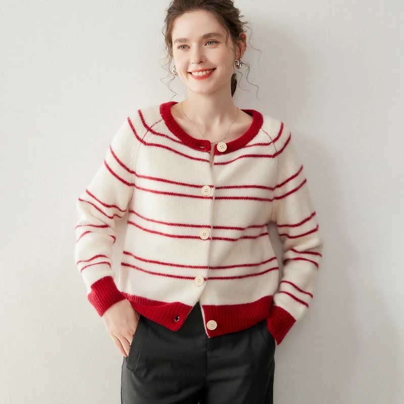 

Autumn Winter Women's 100% Cashmere O-Neck Striped Cardigan Fashionable Casual Sweater Comfortable Versatile Knitwear Outerwear