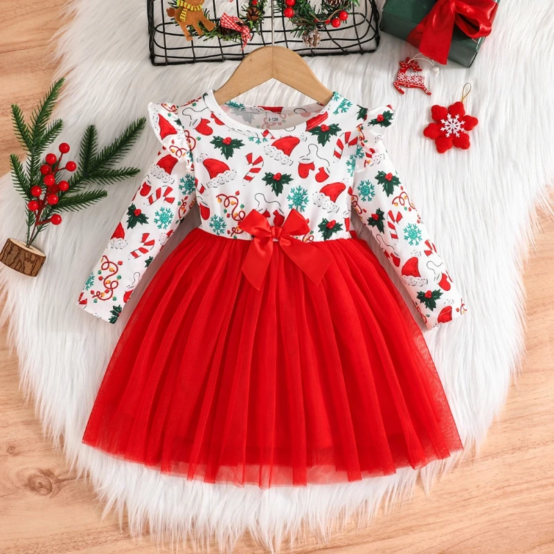 

New Baby Girls Dress Infant Toddler Mesh Patchwork Long Sleeve Dress Sweet Bow Decor Princess Dress Photograph Christmas Costume