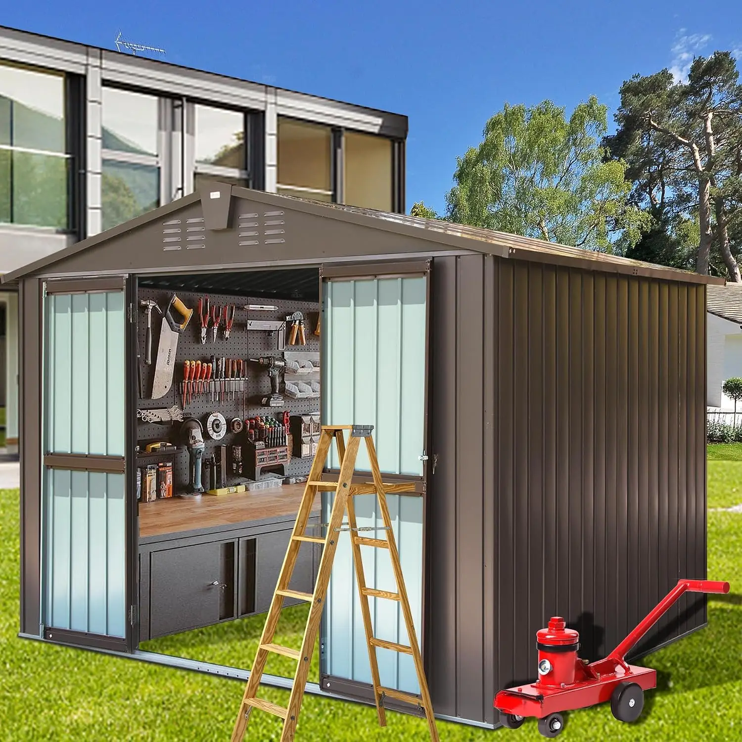 Domi Outdoor Storage Shed 10' x 8’, Metal Garden Shed with Galvanized Steel Frame for Bike, Tools, Lawn Mowers, Pool Toys
