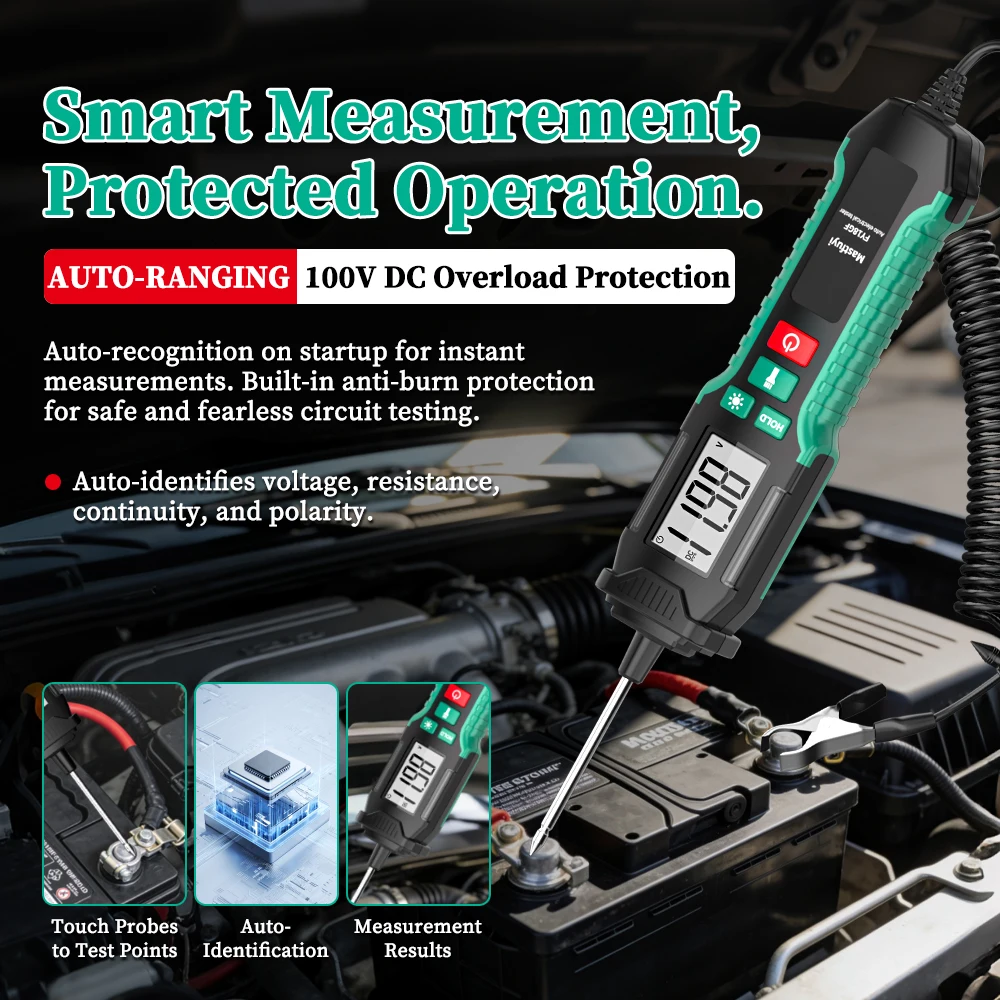 MASTFUYI プロフェッショナル自動識別自動車用テストライト、自動レンジング 3V～100V DC、車/トラック/EV用、導通機能付き