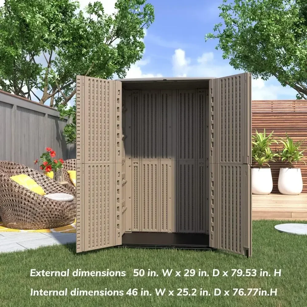 Weatherproof Resin Storage Cabinet with Lock, Double-Deck Shed for Patios, Generators, and Long-Handled Tools