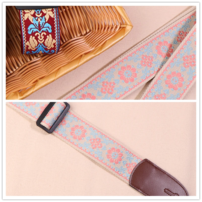 

【rrkxa】Guitar Strap Bass Cotton Leather Embroidery Straps Adjustable Neck Strap Electric Acoustic Guitar Bass Accessories