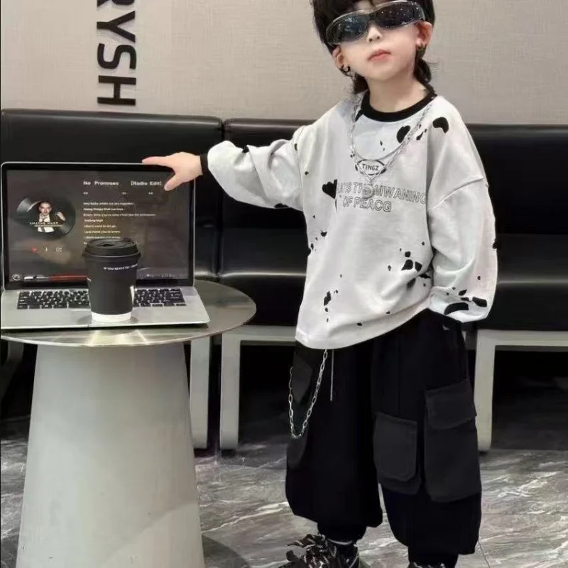 

Boys Casual Outfits Children Spring and Autumn Clothes T-shirt Pants 2pc Set Kids Loose Letter Print Long Sleeves Hoodie